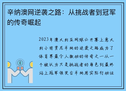 辛纳澳网逆袭之路：从挑战者到冠军的传奇崛起